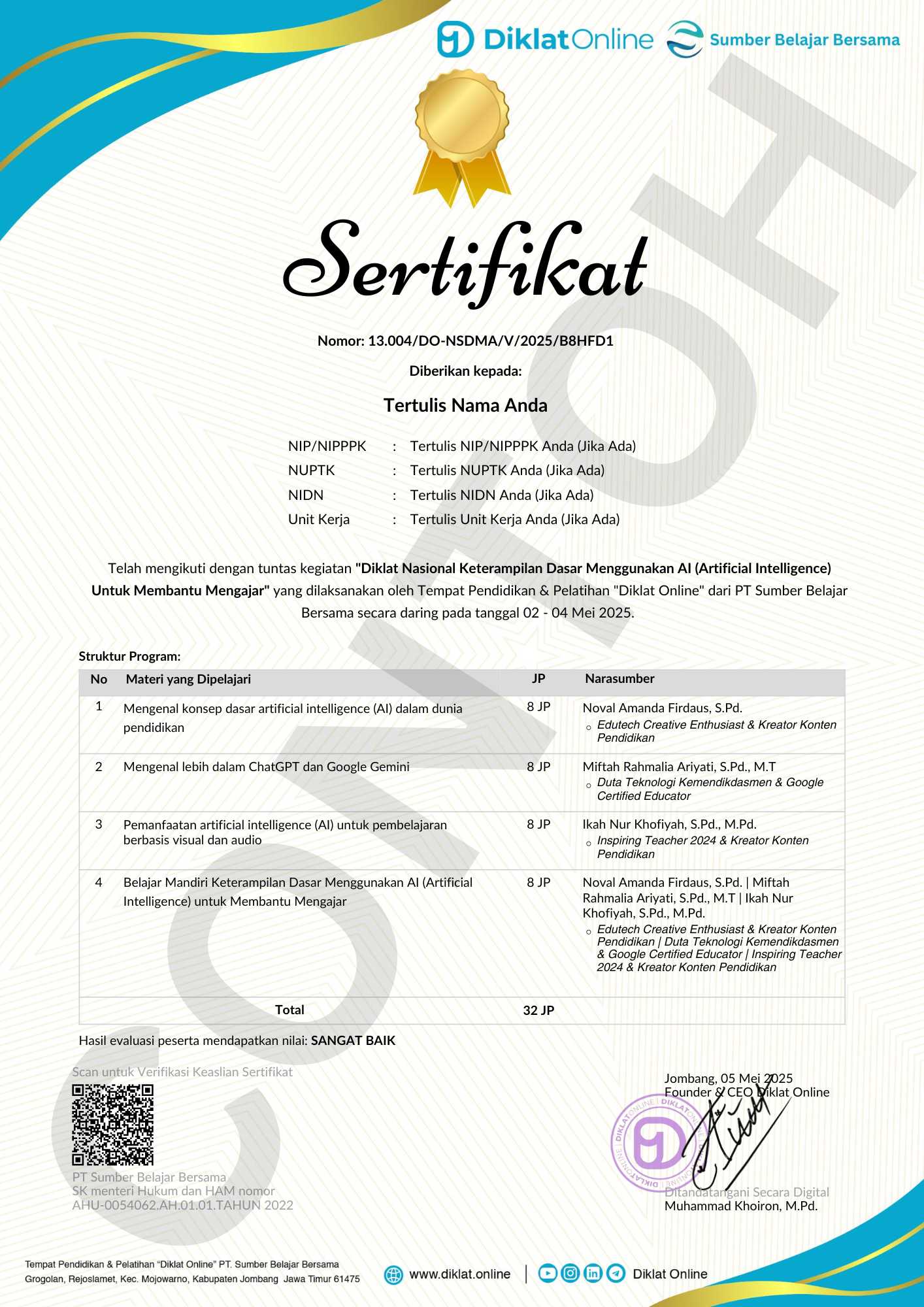 Sertifikat Diklat Nasional Keterampilan Dasar Menggunakan AI (Artificial Intelligence) Untuk Membantu Mengajar